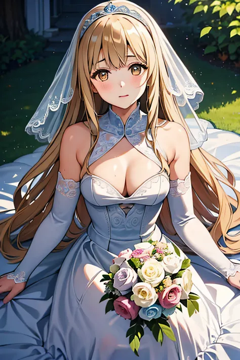 Best Quality,Ultra-detailed,Realistic,Painting,1girl in,Long wavy hair,Sparkling flaxen eyes,Thin body,Beautiful detailed facial features,wedding dress,busty,Glowing skin,full of sweat,grass field