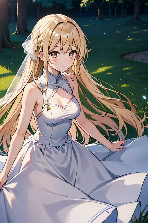 女の子1人、flaxen hair、Long hair、flaxen eyes、Im skinny、weddingdress 、large boob、Glowing skin、full of sweat、Glowing skin、grass field、