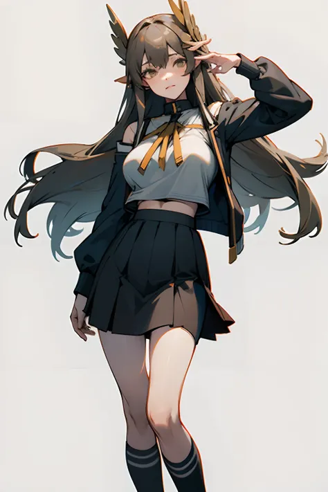 Bigboobs，cropped shoulders，knee length socks，pleatedskirt，Student uniform，Stand up，standing straight，white backgrounid