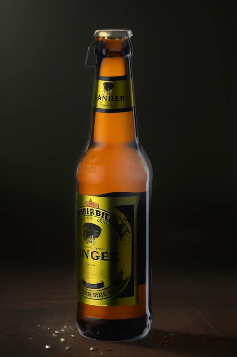 There was a bottle of beer on the table，background is black, beer bottle, pbr render, Renders, render corona, corona rendered, cold beer, rendered in corona, beer commercial, Bottle, angled, cinematic beer, hyper realistic detailed rendering, Piva, 3 d pro...