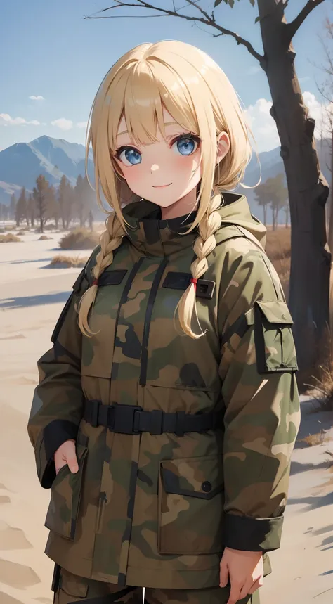 Young girl, smiling, cute, blue eyes, blonde hair, bangs hair, hairstyle with 2 braids, russian tactical camouflage uniform, russian forest camouflage, masterpiece, high quality, sand desert on background, tactical panama on the head, camouflage panama