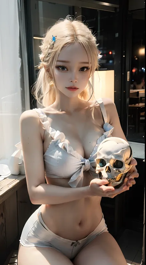 (8K, Best quality, Masterpiece:1.2), (Realistic, photo-realistic:1.37), Ultra-detailed, Photorealistic, high resolution, Soft light, 1 Sexy woman holding a skull,Show your thighs，light pollution，独奏, Skull with woman，gold skulls。Hand holding a skull