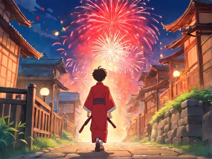 15-year-old boy wearing red Zhuang costume 、Walk on the village road、Step out of the village gate、was anxious（The picture shows a young boy looking for the help of a very good traditional fireworks craftsman）