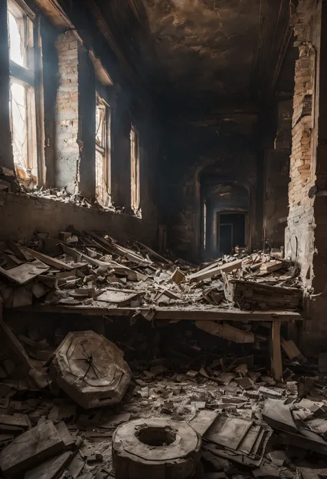 War in Ukraine. Russian bomb destroyed a residential building, killing people. Ruins of house and death - aftermath of war and russian aggression, Art photography: 4 creative, expressive, unique, high quality, DSLR Canon EOS 5D Mark IV, aperture f/5.6, shu...