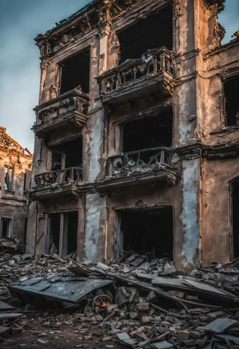 War in Ukraine. Russian bomb destroyed a residential building, killing people. Ruins of house and death - aftermath of war and russian aggression, Art photography: 4 creative, expressive, unique, high quality, DSLR Canon EOS 5D Mark IV, aperture f/5.6, shu...