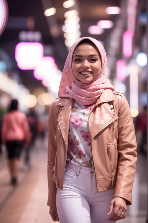 Portrait photography of a beautiful young malay girl in hijab wearing white floral pattern tank top with pink leather jacket and white jeans walking, catwalk, nighttime, crowded mall background, bright lighting, smile and happy gesture, 8k, high quality, u...