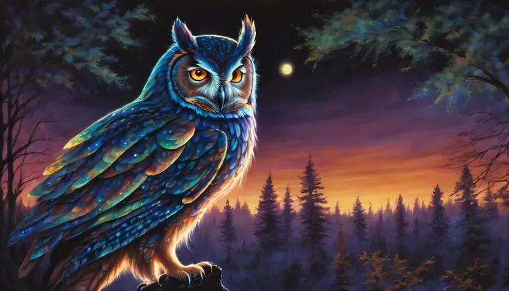 In a world cloaked in darkness, a mystical owl emerges, its iridescent feathers aglow with bioluminescent brilliance. Paint a scene where the nocturnal beauty of the owl is illuminated by a mesmerizing display of otherworldly shimmer. Dive deep into the wo...