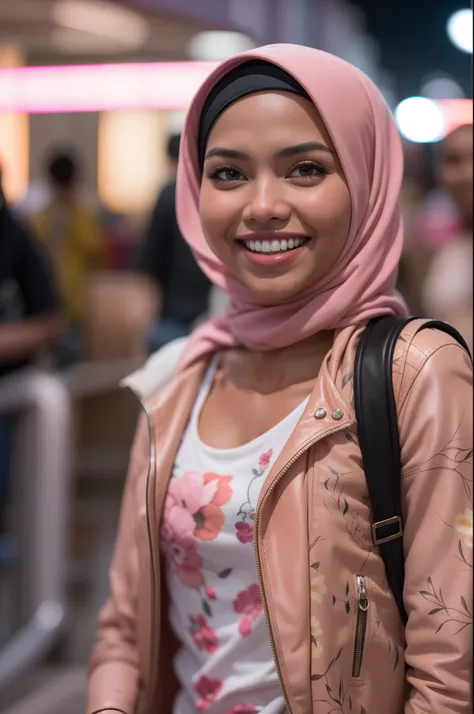 Portrait photography of a beautiful young malay girl in hijab wearing white floral pattern tank top with pink leather jacket and tight white jeans walking, catwalk, nighttime, crowded mall background, bright lighting, smile and happy gesture, detail skin t...