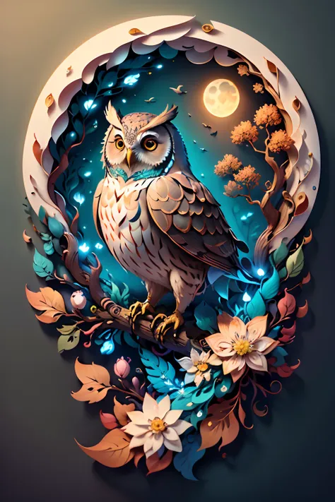 (((masterpiece))),best quality,illustration,beautiful detailed glow, paper_cut, owl, tree, vibrant color