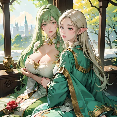 Women in Their 20s, 2 females:2.0、offcial art, unity 8k wall paper, ultra-detailliert, beautifly、Aesthetic, ​masterpiece, top-quality, Photorealsitic, Female High Elves、highelf、Dark green eyes、White hair、snow-white hair、Braids:2.0、Pointed ears、Green costum...