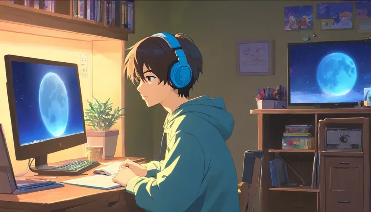 (masutepiece) Male child (Mans) Sit in his room and study, On his desk, With headphones on, Geek Decoration, Wall Video Games, poster for, Window with the moon and stars, Calm, peaceful, Thinking, Cinematic, colour grading, beautifully color-coded,