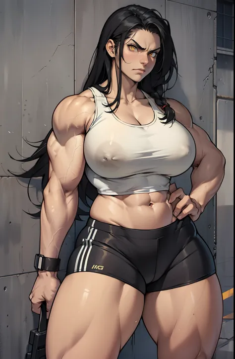 solo, ((1 girl)), very long hair, black hair, angry, yellow eyes, ((((muscular)))), ((huge tits)), ((thick thighs)), ((wide hips)), (cowboy shot), pale skin, tank top, bike shorts, standing, toned body, against wall