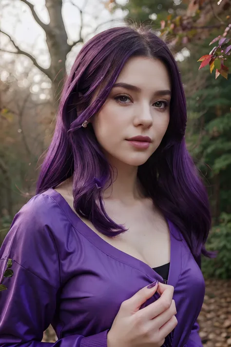 beautiful girl realstic .beautiful face features. with purple hair purple dress, purple nails , purple beautiful lips and a purple rose in her hand , purple background behind her. trees with purple leaves.