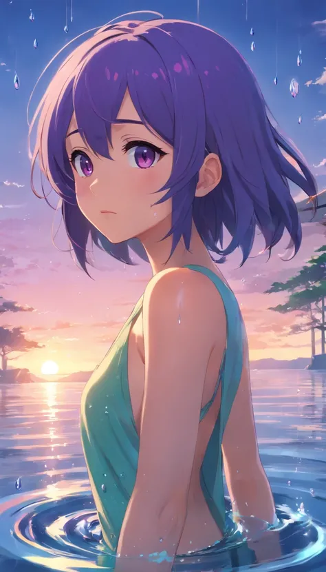 best qualtiy， tmasterpiece， 超高分辨率， realisticlying，1 female，Purple jellyfish hair，（Sexy black Balenciaga），（Yamanaka Onsen：1），（A slightly drunk expression），There are water droplets on the body，full body pov，wide angles