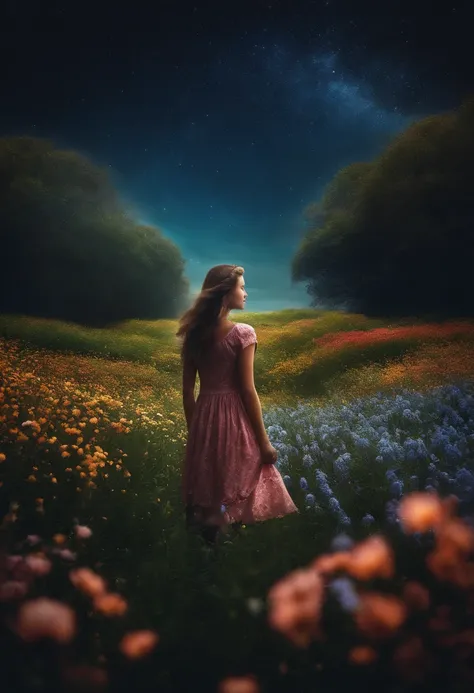 There is a girl standing in a field of flowers looking up at the sky, A girl standing in a field of flowers, uma menina andando em um campo de flores, Lost in a Wonderland of Dreams, standing in a flower field, Fantastic digital painting, the sky gradually...