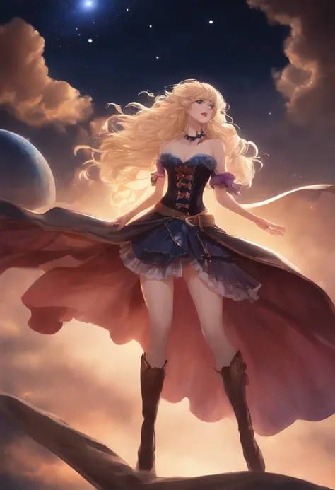 (Masterpiece, Best quality:1.2), Cowboy shot, Solo, 1girll, sheryl nome, Smile, Closed mouth, view the viewer, Strapless dress, Corset, Layered skirt, upper legs, Bare shoulders, cosmic space, Star (sky)