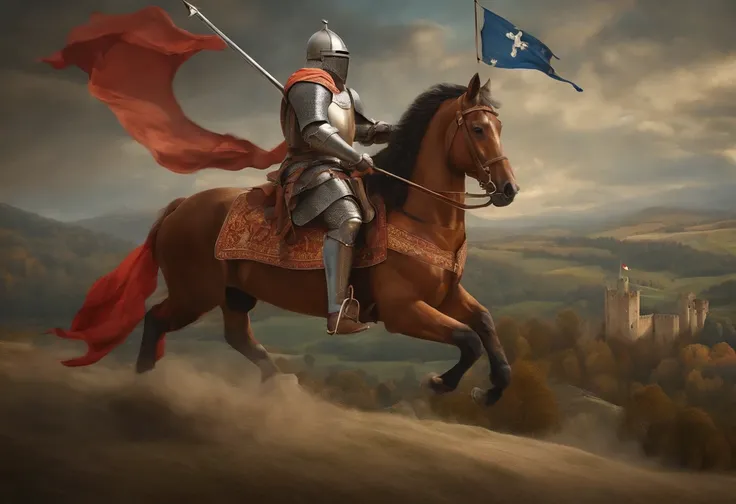 Medieval frescoed style，A plate armored knight armed with an air riding gun，Medieval army，a medieval castle，Western European feudalism，The flag