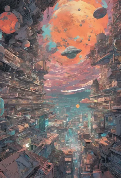 Anime-Typ, der auf dem Boden sitzt und den Planeten betrachtet, Weltraum-Cowboy, Cyber-Weltraum-Cowboy, inspiriert von Josan Gonzalez, Makoto Shinkai ( Apex-Legenden ), Akira Kunststil, Ross Tran Stil, Akira-Vibes, Akira-Kunststil, schwebend neben Planeten...