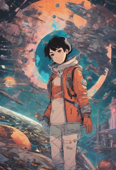 Anime-Typ, der auf dem Boden sitzt und den Planeten betrachtet, Weltraum-Cowboy, Cyber-Weltraum-Cowboy, inspiriert von Josan Gonzalez, Makoto Shinkai ( Apex-Legenden ), Akira Kunststil, Ross Tran Stil, Akira-Vibes, Akira-Kunststil, schwebend neben Planeten...