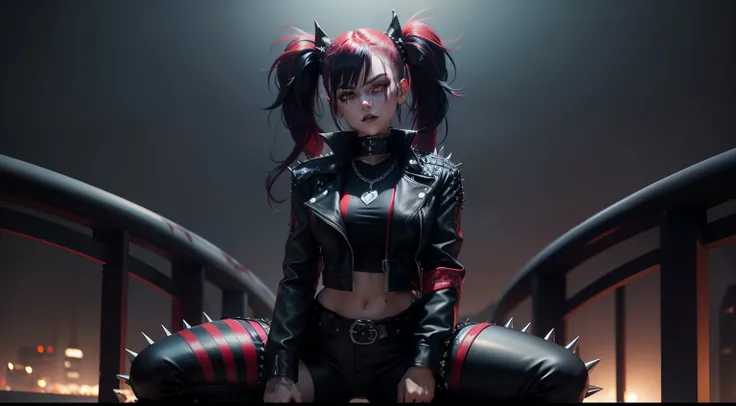 Goth_punk 1990s (style) ,dynamic pose, full body ,((on top of arooftop at school in at night)), swirly long pig tails, dark blue and red hair mix, psychotic stare, red glowing eyes, malicious smirk, dark blue lipstick, goth cropped leather jacket with spik...