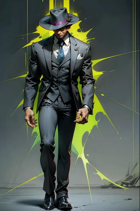 Dark background, vibrant colors, man in suit, hat, elegant, broad shoulders, faceless, dark face, looking down, black suit