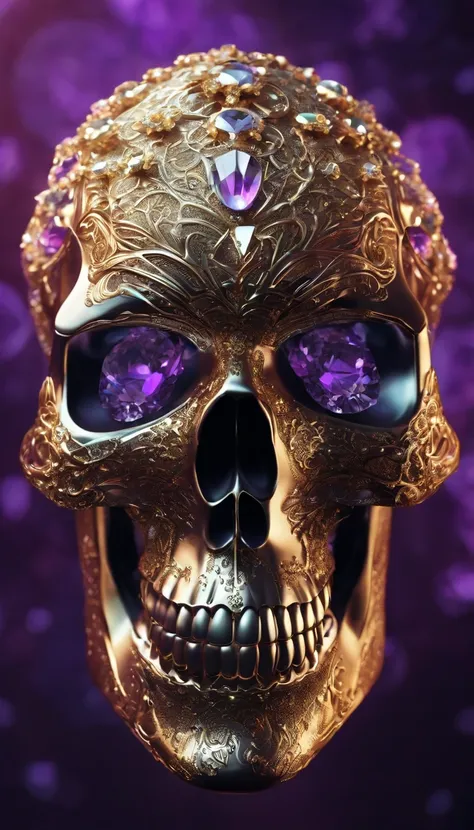 a futuristic skull with glowing eyes and a purple background,skull head made up of crystal and jewels,gloden sliver silk,hollw out blank,A crystal skull with crystal clarity,bloomcore skull with flowers,afrofuturism head,Art nouveau Transparent skull human...