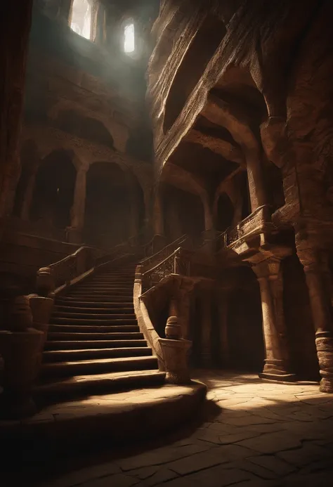 In the dungeon，Rough, Fine detail, eldritch, organic arquitecture, giant halls,lighless