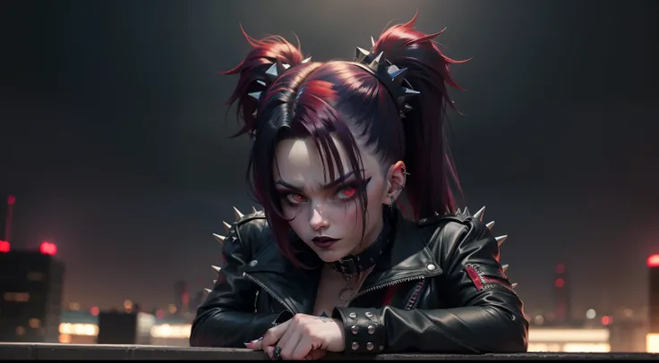 Goth_punk 1990s (style) ,dynamic pose, full body ,((on top of arooftop at school in at night)), swirly long pig tails, dark blue and red hair mix, psychotic stare, red glowing eyes, malicious smirk, dark blue lipstick, goth cropped leather jacket with spik...