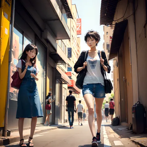 Urban atmosphere with hot weather, people can be seen feeling hot.