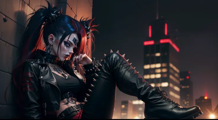 Goth_punk 1990s (style) ,dynamic pose, full body ,((on top of arooftop at school in at night)), swirly long pig tails, dark blue and red hair mix, psychotic stare, red glowing eyes, malicious smirk, dark blue lipstick, goth cropped leather jacket with spik...