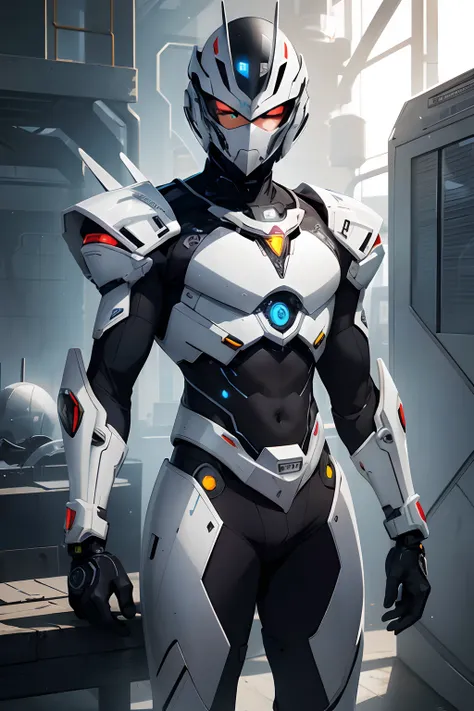 Arafed homem em traje futurista posando para foto, em armadura branca futurista, (with 1 bright mechanical eye) menino em mecha cyber armor, Unreal Engine Rendering, Armadura de porcelana ciborgue, armadura branca brilhante, Corpo ciborgue, diverse cybersu...