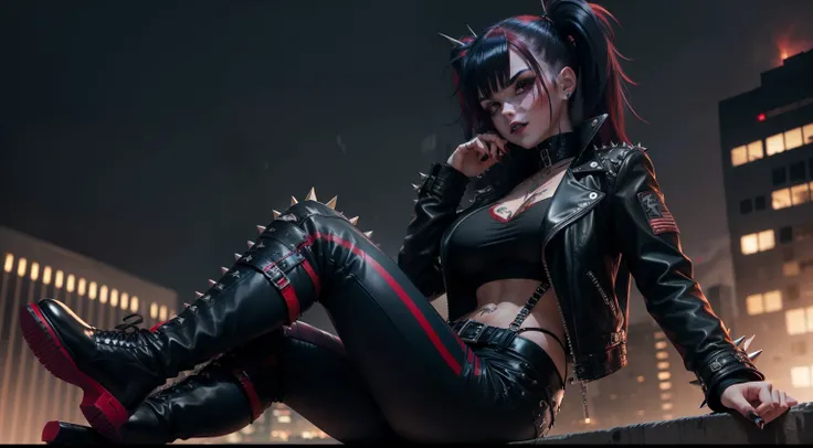 Goth_punk 1990s (style) ,dynamic pose, full body ,((on top of arooftop at school in at night)), swirly long pig tails, dark blue and red hair mix, psychotic stare, red glowing eyes, malicious smirk, dark blue lipstick, goth cropped leather jacket with spik...