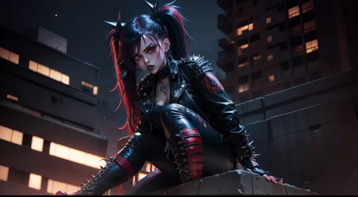 Goth_punk 1990s (style) ,dynamic pose, full body ,((on top of arooftop at school in at night)), swirly long pig tails, dark blue and red hair mix, psychotic stare, red glowing eyes, malicious smirk, dark blue lipstick, goth cropped leather jacket with spik...