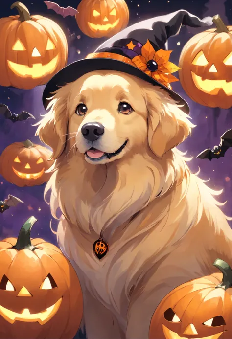 (a Golden Retriever wearing Halloween costumes),oil painting,detailed fur texture,expressive eyes and facial features,festive background,playful and mischievous pose,(best quality,high-res,detailed:1.2),(realistic,photorealistic:1.37),colorful palette,pump...