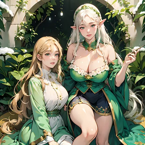 Women in Their 20s, 2 females:2.0、offcial art, unity 8k wall paper, ultra-detailliert, beautifly、Aesthetic, ​masterpiece, top-quality, Photorealsitic, Female High Elves、highelf、Dark green eyes、White hair、snow-white hair、Braids:2.0、Pointed ears、Green costum...