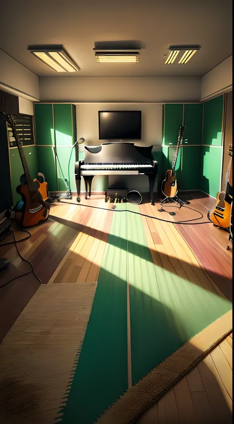 There was a room with a piano, A keyboard, and a tv, Studio floor, backroom background, studio room, studio context, Urban Music Studio, Studio, cinematic studio shot, studio picture, studio setup, studio setup, Studio recording, background artwork, studio...