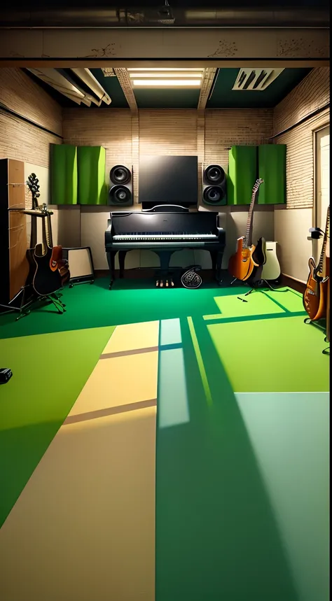 There was a room with a piano, A keyboard, and a tv, Studio floor, backroom background, studio room, studio context, Urban Music Studio, Studio, cinematic studio shot, studio picture, studio setup, studio setup, Studio recording, background artwork, studio...