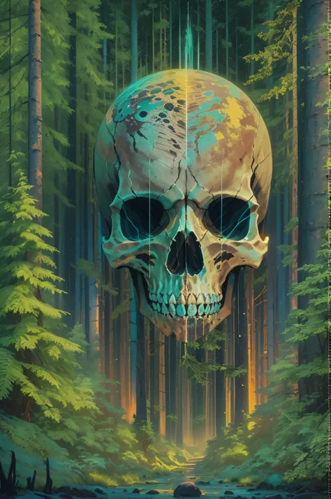 filmposter，Aurora skull diagram, Below is a forest, away looking，Skysky，brilliant colorful！Colorful. ((Best quality,4K,8K,A high resolution,Masterpiece:1.2)),((super ultra detail)).