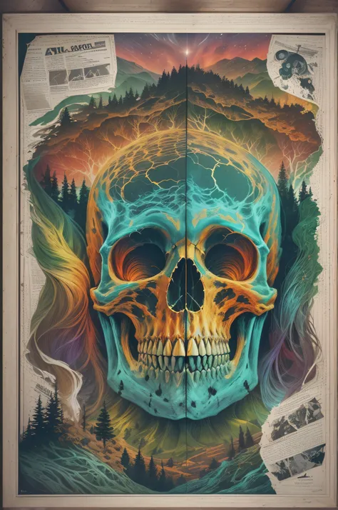 filmposter，Aurora skull diagram, Below is a forest, away looking，Skysky，brilliant colorful！Colorful. ((Best quality,4K,8K,A high resolution,Masterpiece:1.2)),((super ultra detail)).