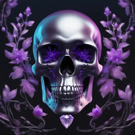 a futuristic skull with glowing eyes and a purple background,skull head made up of crystal and jewels,Flowers and leaves,branch,A crystal skull with crystal clarity,bloomcore skull with flowers,afrofuturism head,Art nouveau Transparent skull human head,cos...