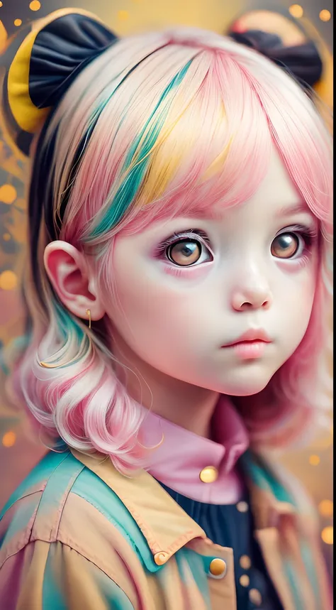 Black and yellow, Chibi and real style masterpiece, realistic photography, colorful background, detailed portrait