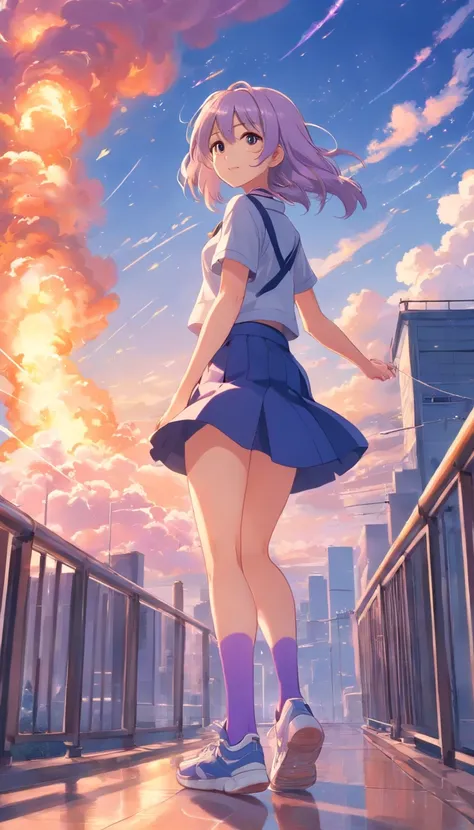 best qualtiy， tmasterpiece， 超高分辨率， realisticlying， 1 girl，（long  white hair），Heterochromic pupils，HEIGHT 168CM，（ssmile）（JK skirt）， Lilac stockings，athletic sneakers，Fantastic fire clouds，Looking Up The Sky，wide angles