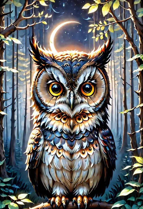 Hyperdetailed regenerative [glitch] still, (koan), matte, understated, (meditative: 1.2), (harmonic) impressionism, cerebral, (interconnected), labyrinth, (introspective), psyche, balanced and reciprocal, concept: ("The Night and the Owl" depicts an enchan...