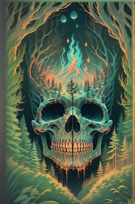 Aurora skull diagram, Below is a forest, away looking，Skysky，brilliant colorful！Horror thriller movie poster,psychedelic style. ((Best quality,4K,8K,A high resolution,Masterpiece:1.2)),((super ultra detail)).