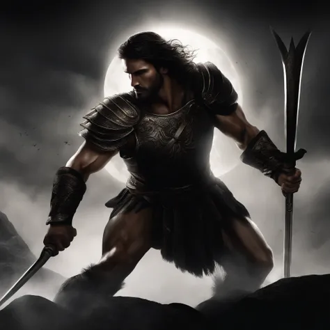 Create a scene that portrays a muscular and valiant Greek warrior, fighting with determination despite his wounds, all under the dim light of the moon. The gleam of sweat on his tense muscles reflects the intensity of the conflict on the battlefield. With ...