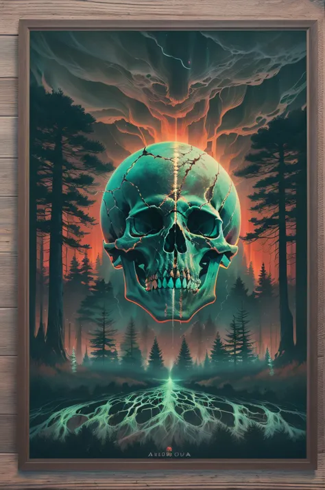 Aurora skull diagram, Below is a forest, away looking，Skysky，brilliant colorful！Horror thriller movie poster,psychedelic style. ((Best quality,4K,8K,A high resolution,Masterpiece:1.2)),((super ultra detail)).