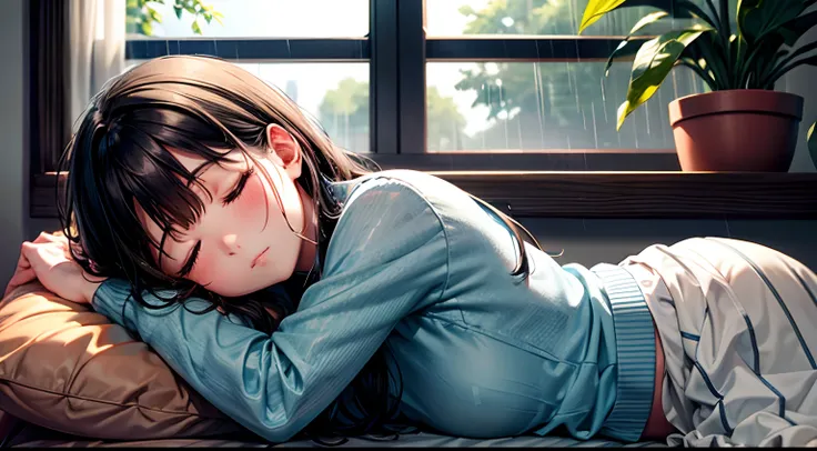 Girl sleeping on the windowsill　Prone　A dark-haired　Composition seen from outside the window　Indoor houseplants　Its raining outside