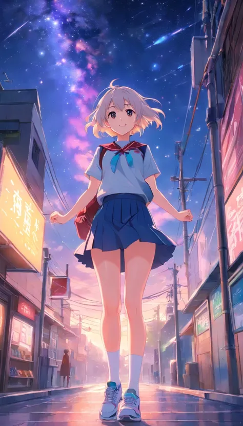 best qualtiy， tmasterpiece， 超高分辨率， realisticlying， 1 girl，（long  white hair），Heterochromic pupils，（ssmile）（JK skirt）， Pink stockings，athletic sneakers，Fantastic starry sky，looking at the stars，wide angles