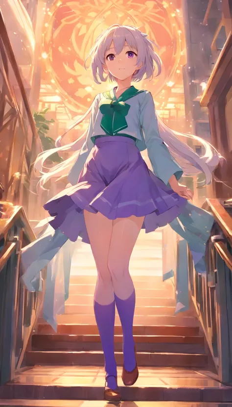 best qualtiy， tmasterpiece， 超高分辨率， realisticlying， 1 girl， long  white hair，Heterochromic pupils，Long legs，Princess set，head looking up，cheerfulness，Purple stockings，chies，stately，wide angles