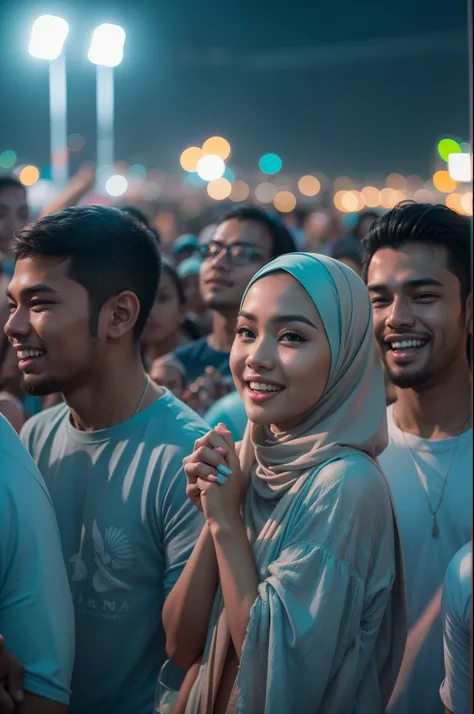 Portrait photography of a beautiful young malay girl in hijab wearing light blue mini bikini with 1 malay man watching a concert, nighttime, beach concert background, crowded concert, bright lighting, smile and happy gesture, high quality, ultra detail, 8k...